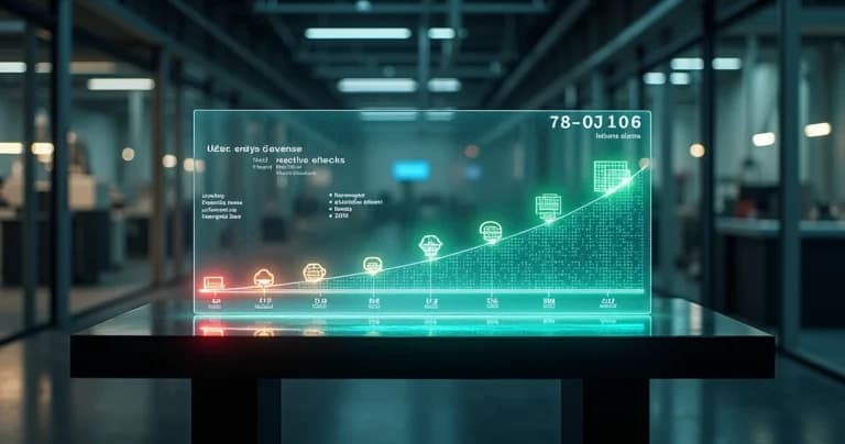 Painel tridimensional mostrando linha do tempo com alarmes e previsões em ambiente industrial moderno