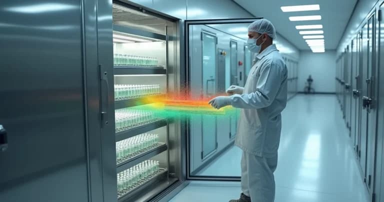 Técnico abre câmara fria enquanto holograma mostra risco de contaminação