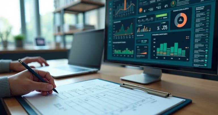 Gestor marcando checklist impresso ao lado de painel digital de alertas preditivos