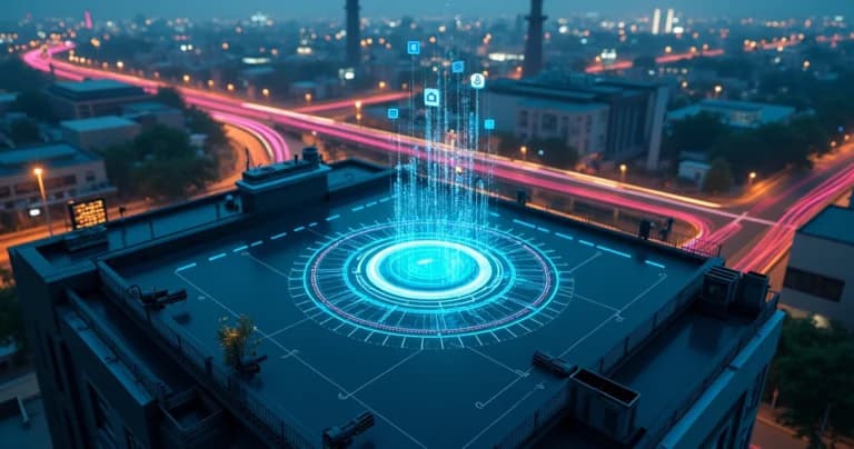 Vista aérea noturna de cidade com trilhas de dados luminosos conectando equipamentos