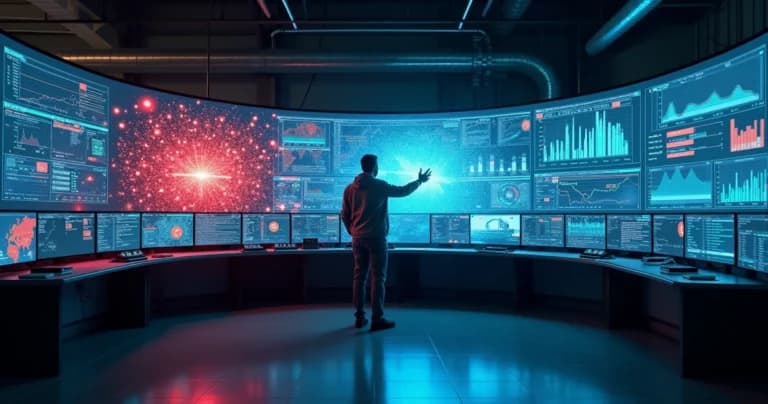 Engenheiro confronta painéis mostrando alertas vermelhos de IoT e filtros que removem falsos positivos