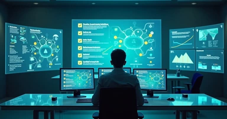 Painel digital exibindo checklist de governança de dados ligado a rede de dispositivos IoT