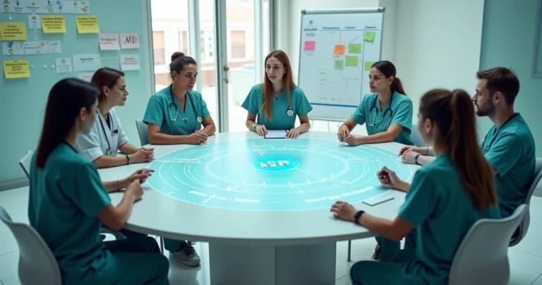 Reunião de núcleo de segurança do paciente discutindo dados em mesa redonda digital