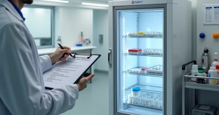 Técnico de laboratório revisando checklist impresso ao lado de freezer vertical aberto
