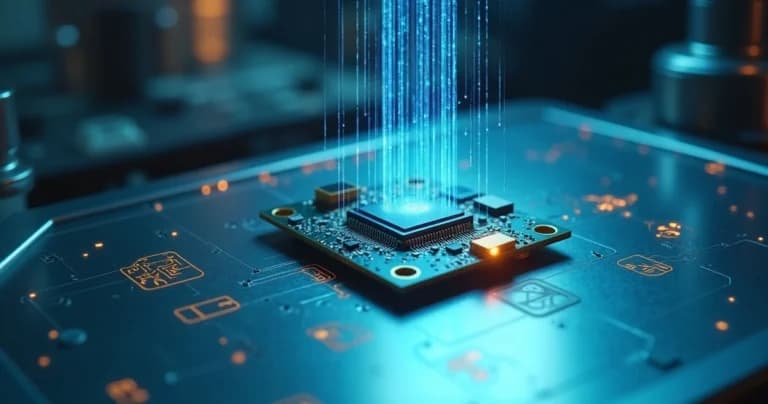 Placa de sensor industrial recebendo atualização remota representada por dados luminosos