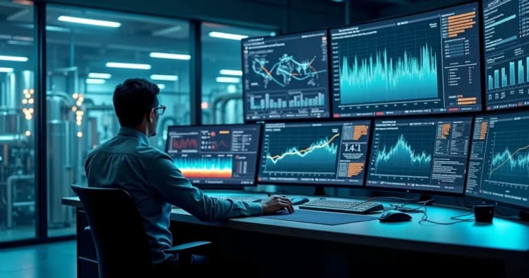 Engenheiro observando painel de sensores com gráficos de machine learning em destaque