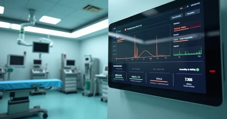 Monitor exibe alertas ambientais coloridos em sala de cirurgia moderna