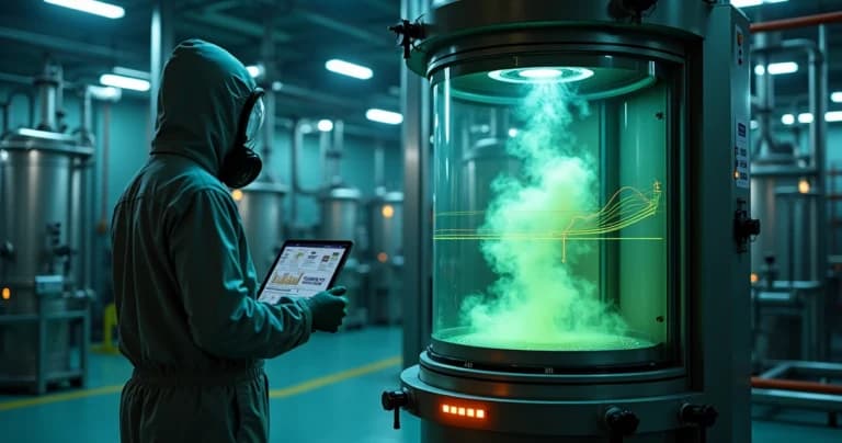 Cientista observando nuvem colorida de gás com sobreposição de dados preditivos