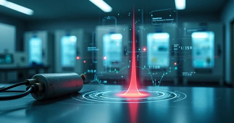Close-up de sensor industrial com único dado anômalo em tela holográfica