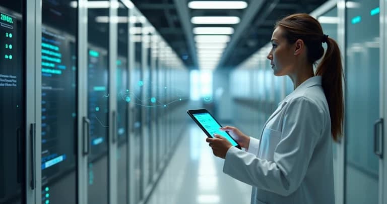 Técnica confere checklist em tablet dentro de data center hospitalar com sensores de umidade ativos