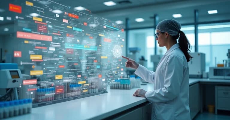 Cientista em laboratório reorganizando alertas digitais sobre bancada de análise