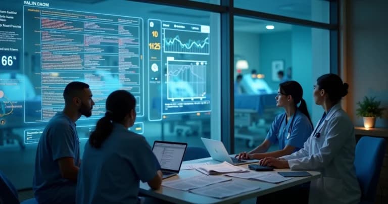 Equipe hospitalar em sala de descanso analisando alertas em painel digital