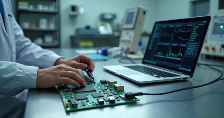 Engenheiro ajusta placa de firmware conectada a sensor hospitalar em bancada técnica