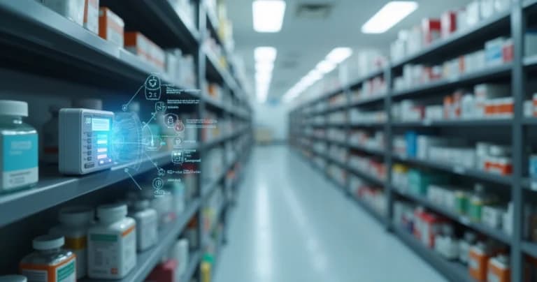 Sensor ambiental monitorando prateleiras com medicamentos em sala de estoque de fármacos