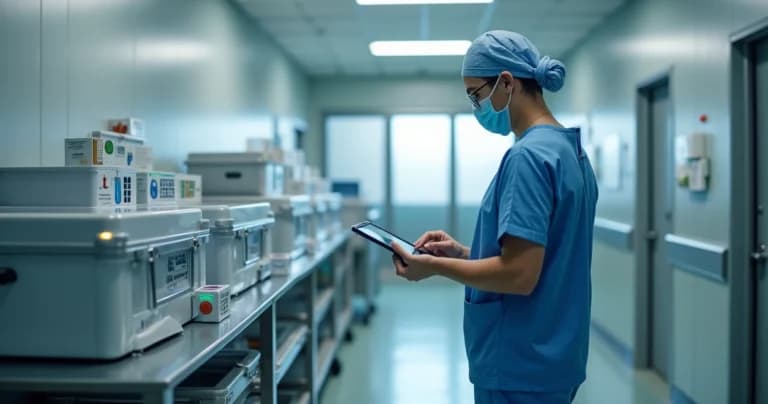 Profissional de centro cirúrgico com tablet revisando inventário térmico automatizado