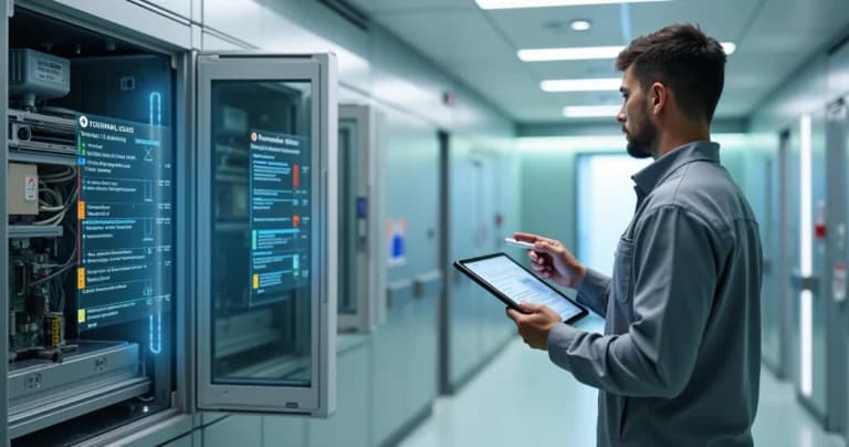 Engenheiro analisa causa de falha técnica em painel aberto de equipamento hospitalar