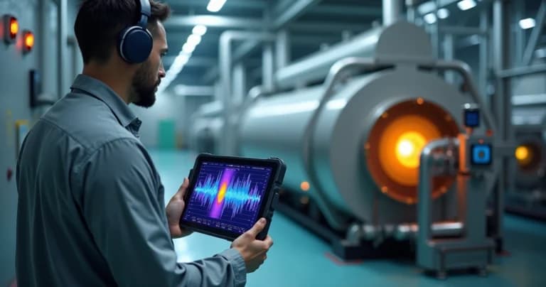 Engenheiro analisa mapa de calor de ruídos em equipamento industrial