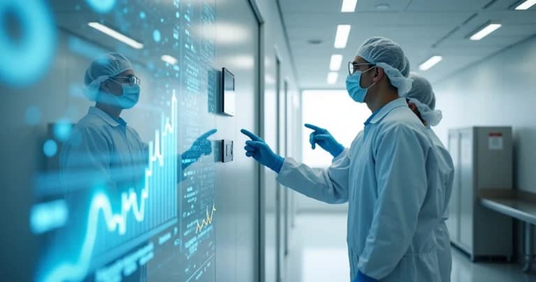 Equipe em sala limpa hospitalar observando luzes de partículas alinhadas a gráficos digitais