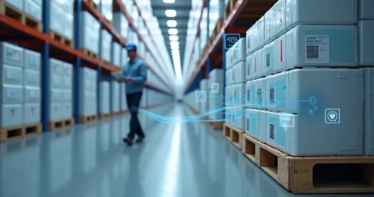 Corredor logístico com paletes de caixas lacradas e foco em etiqueta digital rastreável