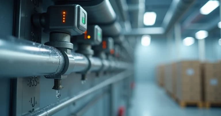 Teto de câmara fria com sensores e leves pontos de condensação monitorados por luzes de alerta
