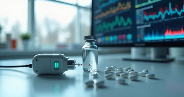 Frascos de medicamento em bancada de laboratório com sensor analisando desvio químico