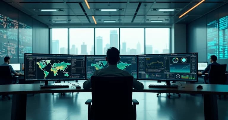 Sala de controle moderna com painéis exibindo métricas de SLA em monitoramento remoto