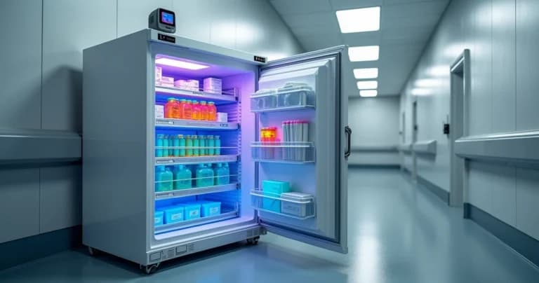 Freezer clínico aberto com visão termográfica destacando zonas de temperatura