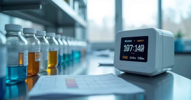 Estação de reagentes alinhada em bancada com indicadores digitais de temperatura e umidade ao fundo