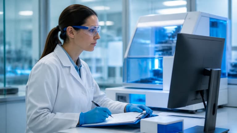 Profissional auditando indicadores de dados ambientais em laboratório com sensores e equipamentos críticos ao fundo