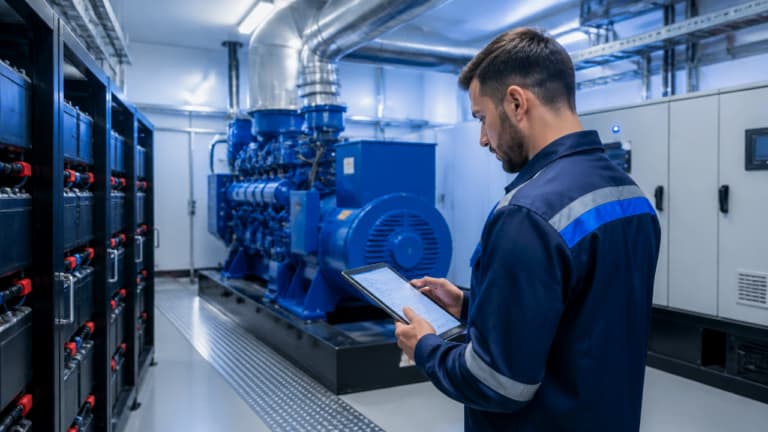 Técnico inspecionando nobreaks, baterías y panel de generador en sala técnica de ambiente crítico