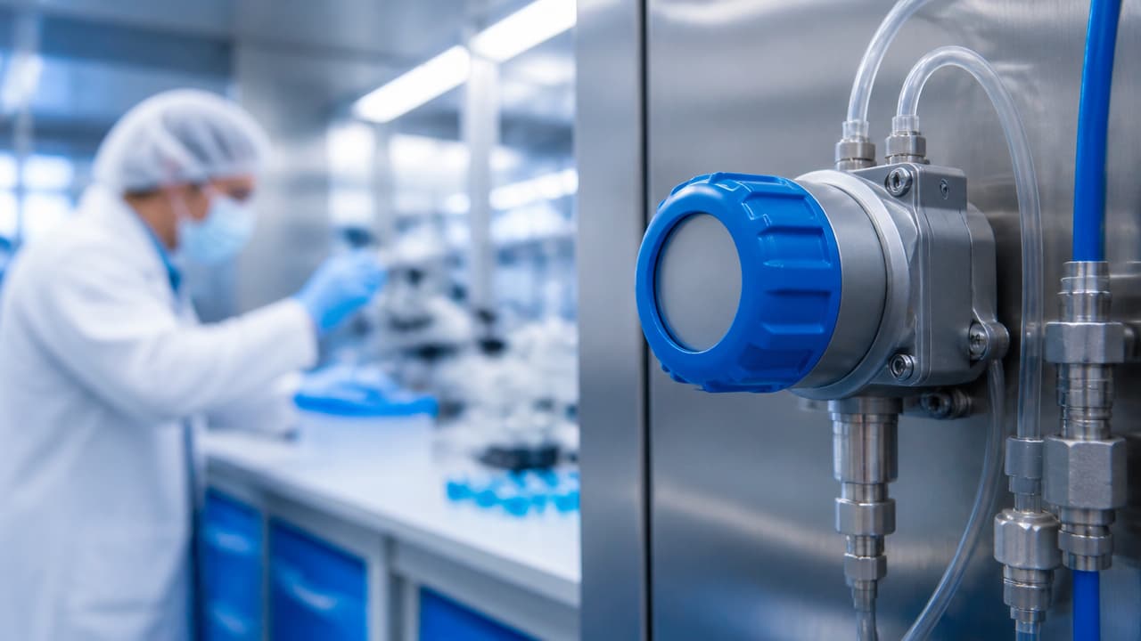 Sensor de pressão diferencial instalado em laboratório limpo e moderno