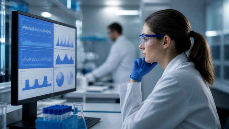 Profissional de laboratório gerenciando alertas operacionais em ambiente crítico com tablet e equipamentos monitorados ao fundo