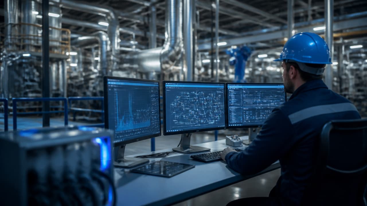 Profesionales analizando la integración de IA con máquinas industriales legadas en ambiente fabril crítico