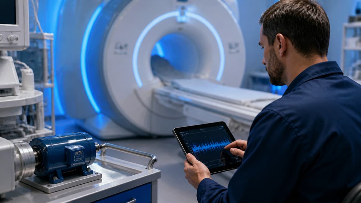 Técnico analisando vibração em equipamento médico com sensores em ambiente hospitalar