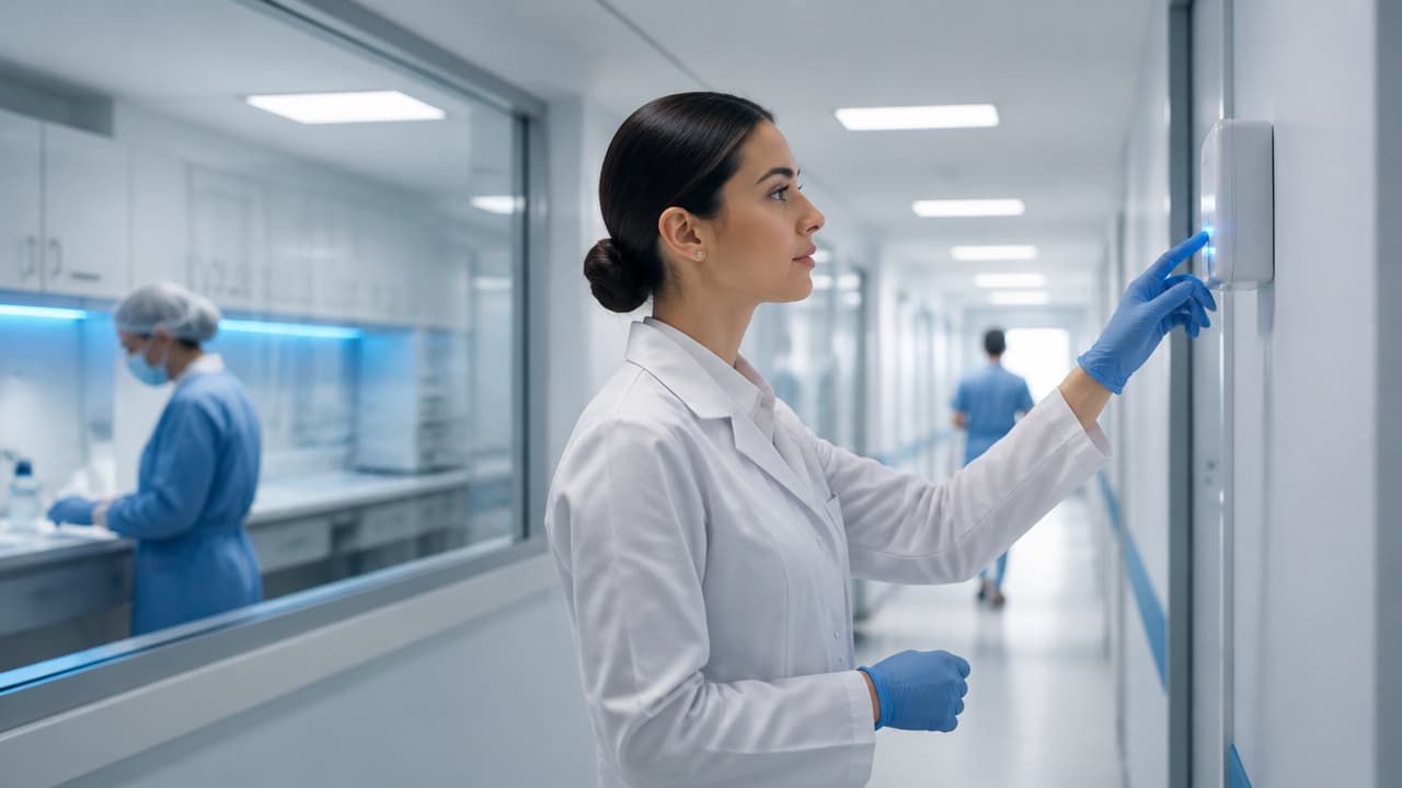 Profissional de hospital acompanhando sensores e inventário ambiental automatizado em área clínica