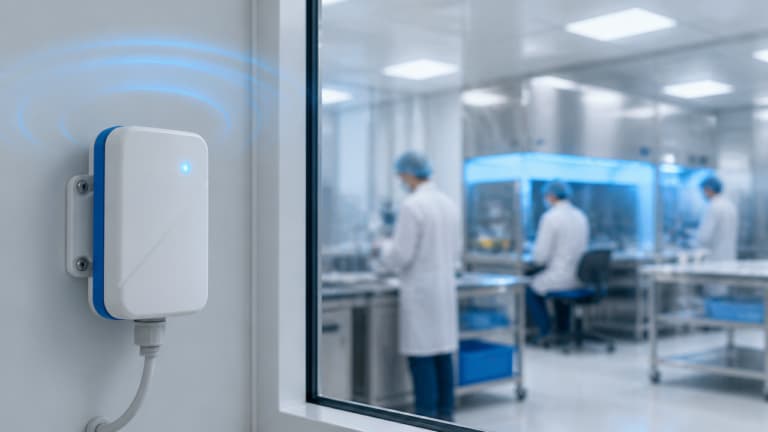 Sensores IoT ambientais monitorando temperatura, umidade e ar em laboratório moderno