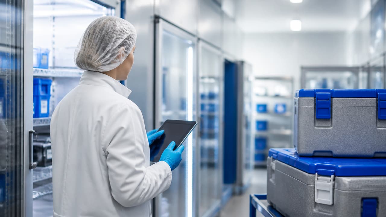 Profissional monitora dados em tempo real da cadeia fria em ambiente controlado com refrigeradores e sensores.