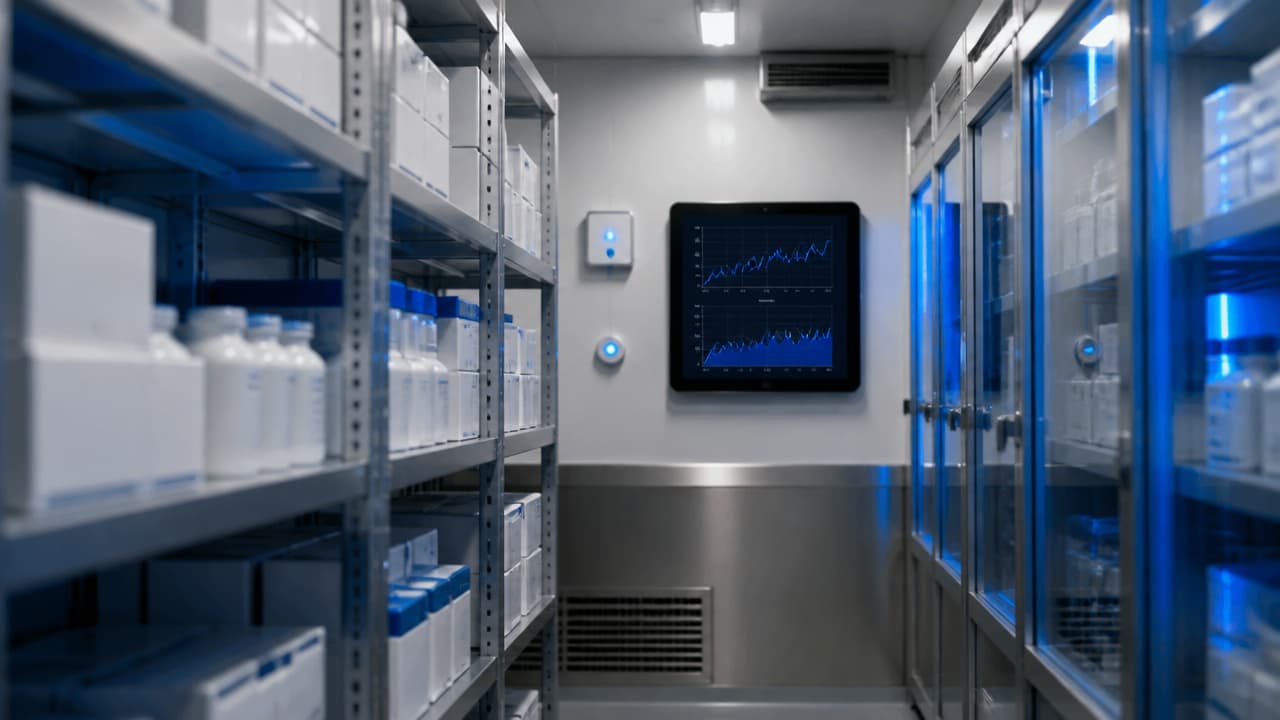 Estoque farmacêutico com sensores ambientais e painel de monitoramento de temperatura e umidade