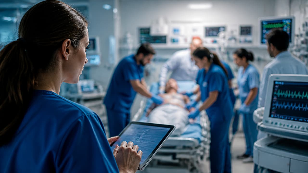Profissionais de saúde analisando dados clínicos em uma sala de emergência hospitalar