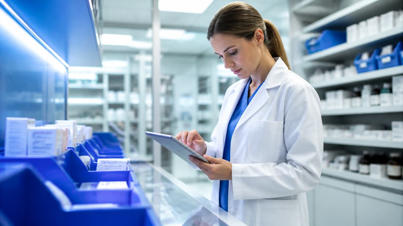 Healthcare professional analyzing pharmaceutical inventory data in clinical environment with shelving and digital monitoring