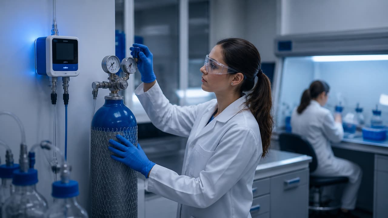 Technician in laboratory monitoring toxic gas detector in controlled environment