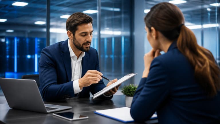Equipe analisando contrato de monitoramento SaaS diante de um painel de dados em ambiente corporativo
