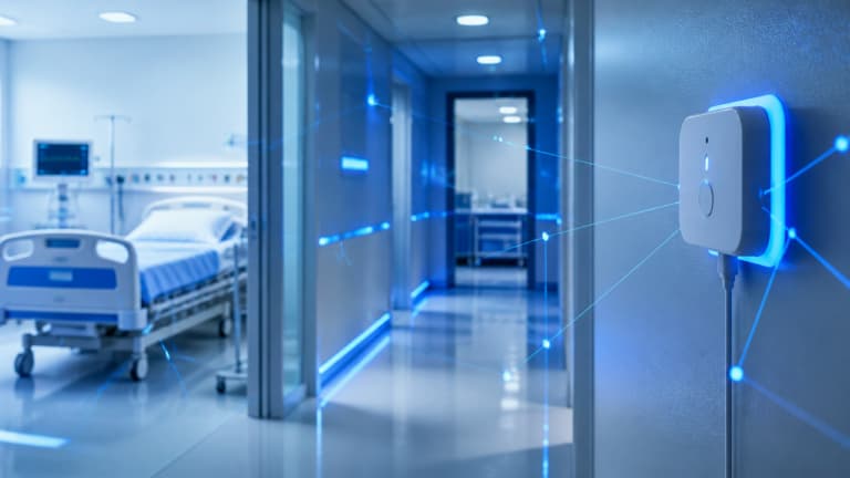 Corredor hospitalar com sensores e infraestrutura de monitoramento sem fio em operação