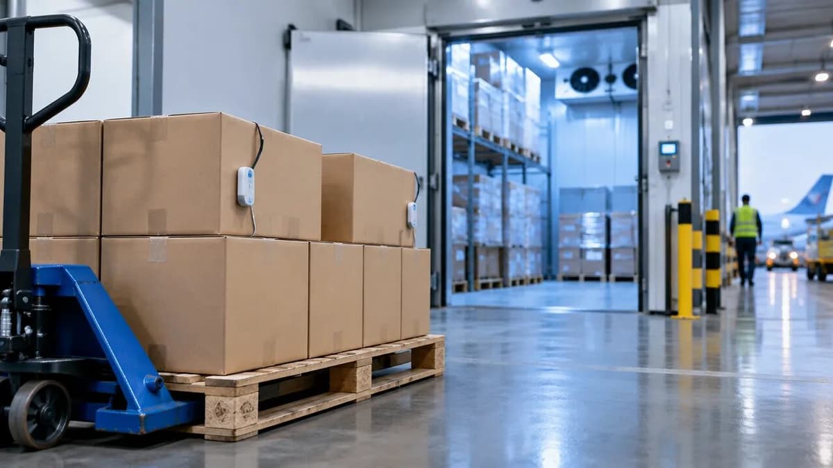Generic pharmaceutical boxes in a refrigerated air cargo storage area, representing intermediate customs warehouse storage.