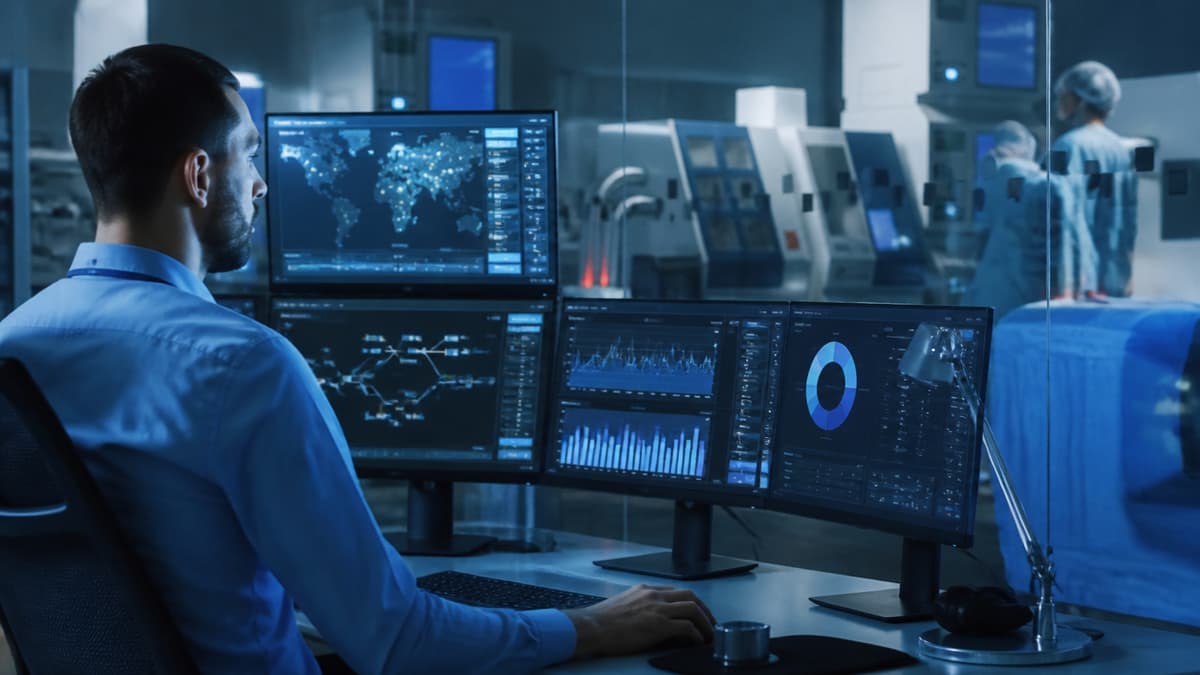 Analista monitora painéis de telemetria IoT e segurança em ambiente crítico.