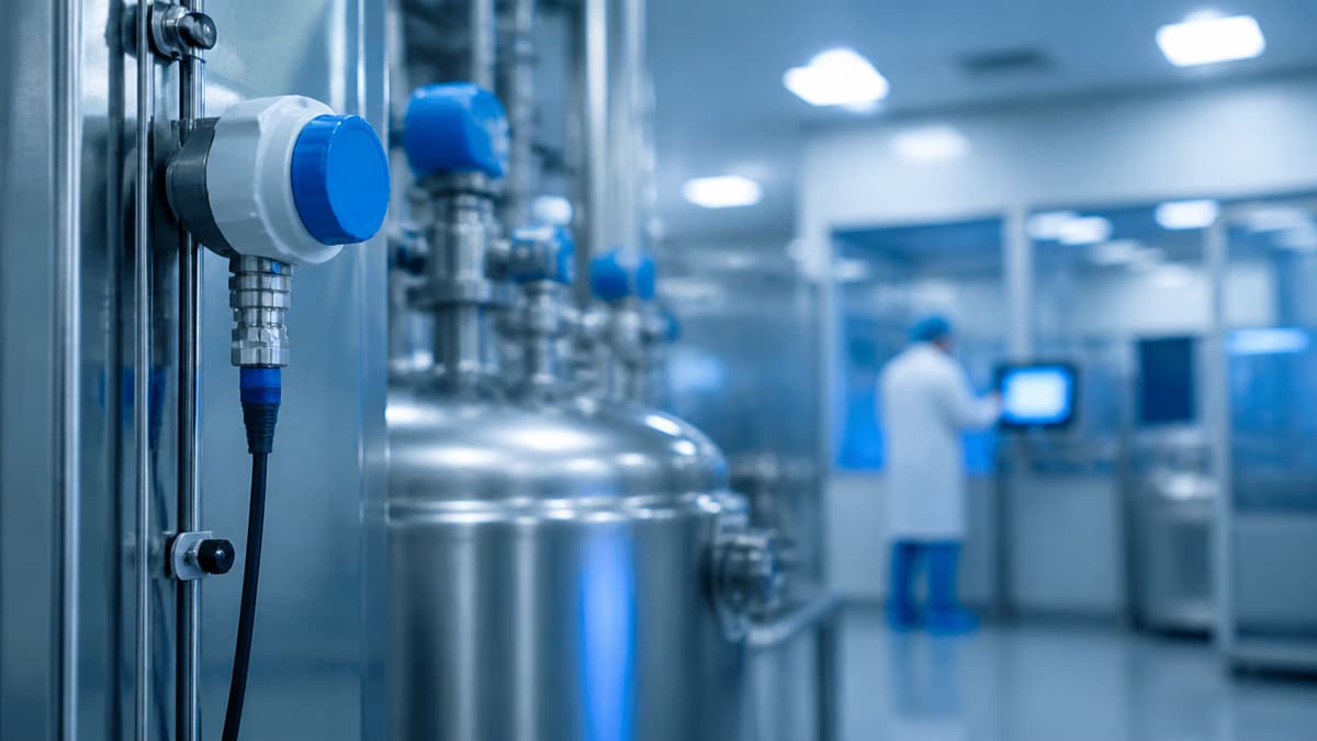 Sensor monitoreado en ambiente técnico crítico con panel de datos al fondo