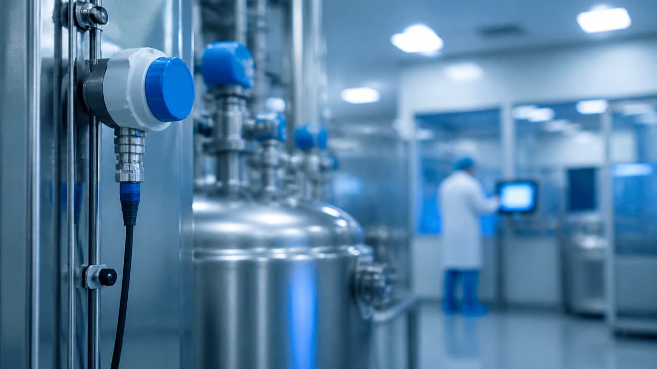 Sensor monitorado em ambiente técnico crítico com painel de dados ao fundo