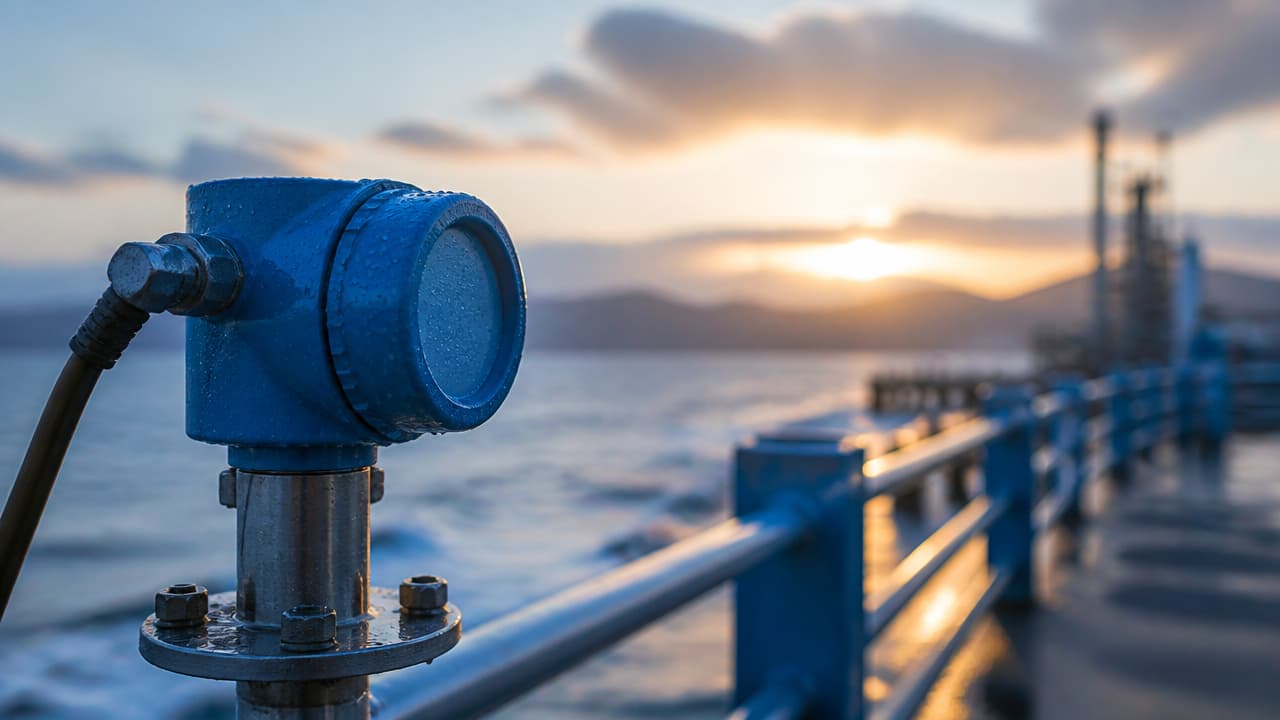 Técnico inspeccionando sensores instalados en ambiente industrial húmedo y próximo al mar