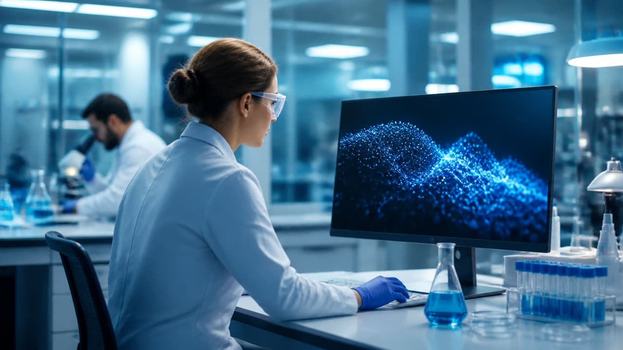 Profissionais em laboratório analisando dados de monitoramento inteligente em equipamentos críticos