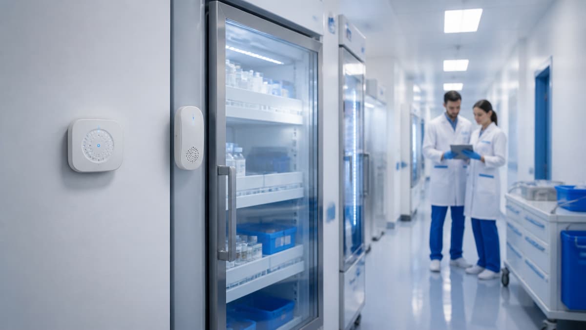 Corredor hospitalar com sensores sem fio monitorando equipamentos e ambiente crítico